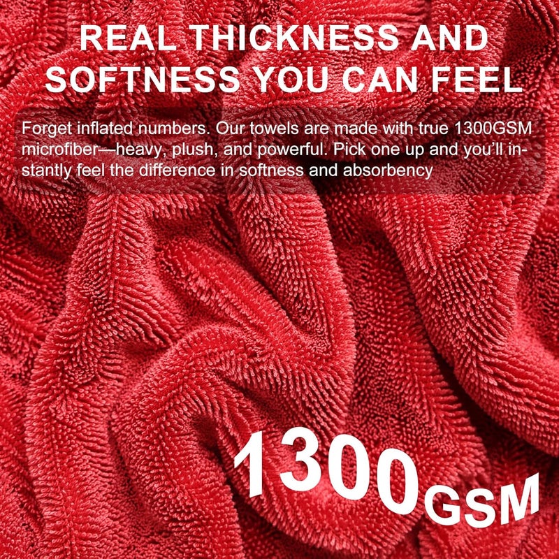 Singrune 2 Pack XL Car Drying Towel – 1300GSM Ultra Absorbent Microfiber, 24"x36" Large Size, Twisted Loop, Lint-Free & Streak-Free for Auto Detailing, Car, SUV, Truck(Gray-RED) - Image 4